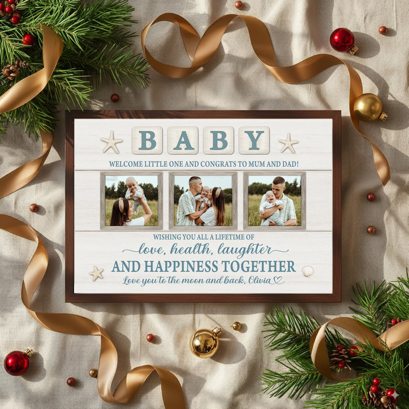 Rustic coastal farmhouse baby welcome canvas wall art, custom newborn milestone collage in soft seafoam blue for nursery