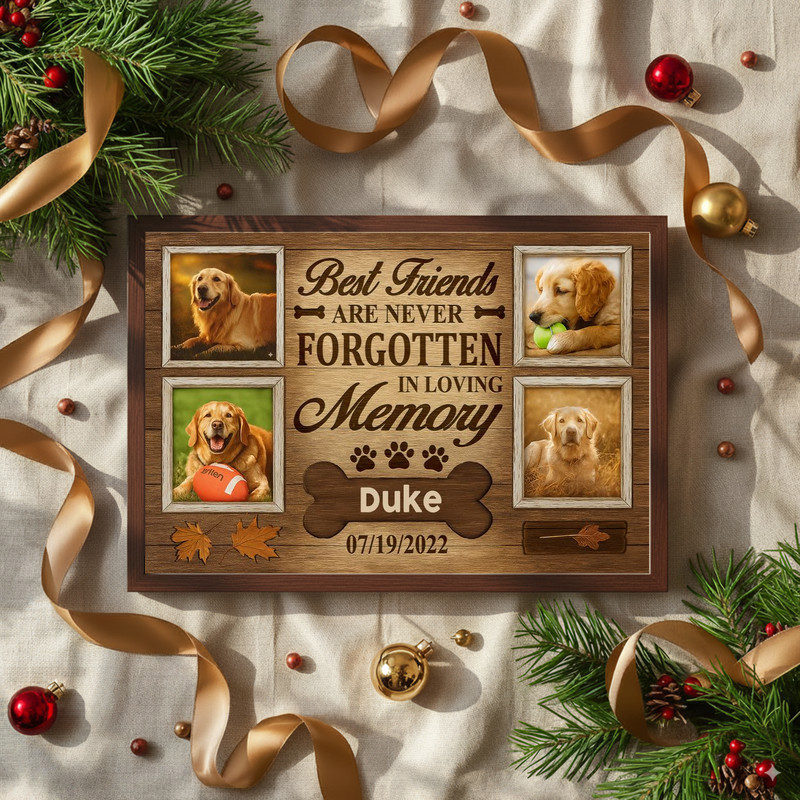 Rustic fall pet memorial canvas wall art, multi-photo dog collage with paw accents and 'Best Friends Are Never Forgotten'