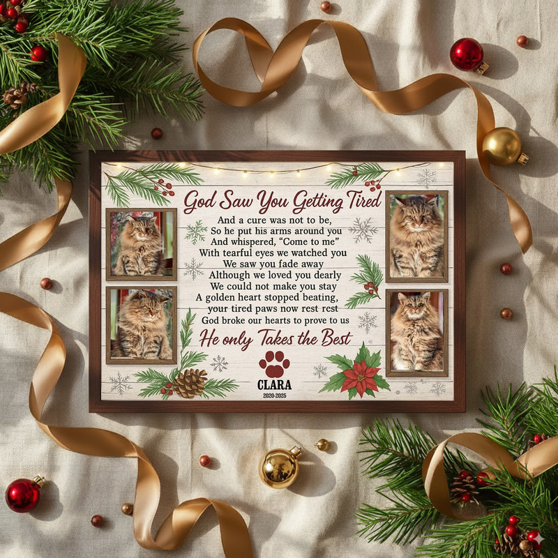 Rustic farmhouse Christmas cat memorial canvas wall art with rainbow bridge theme, paw print heart, custom photo and dates