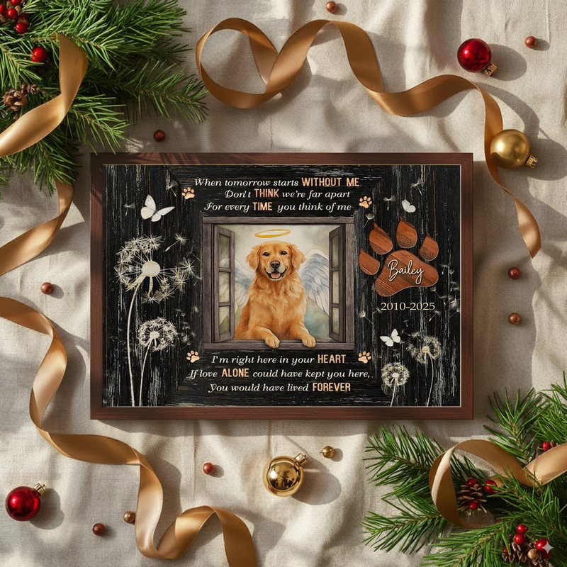 Personalized dog memorial canvas in rustic farmhouse style, photo with In Loving Memory title, custom name and dates