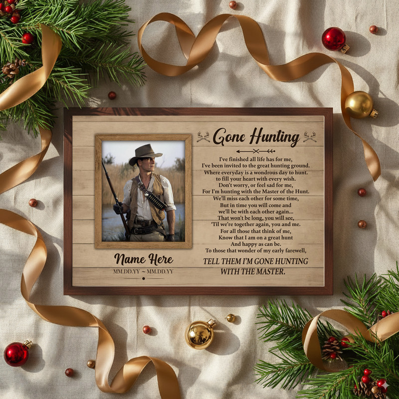 Rustic hunting memorial canvas wall art, personalized Gone Hunting tribute and keepsake, condolence gift for family.