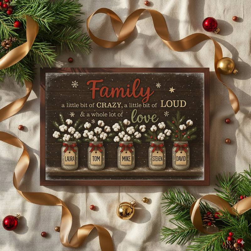 Rustic farmhouse family quote canvas wall art with personalized multi-name floral stems, Christmas decor for the dining room