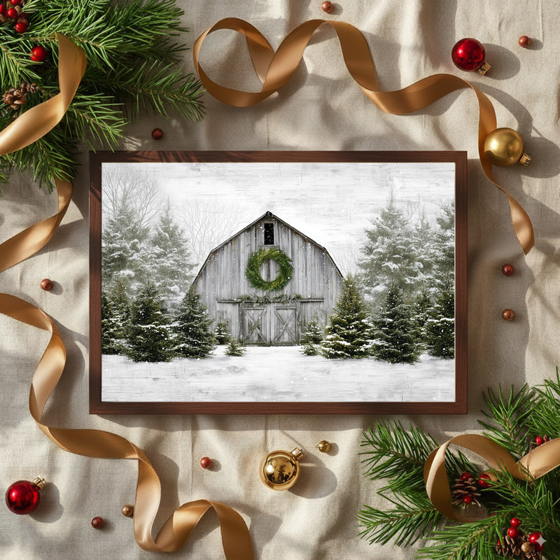 Rustic holiday barn canvas wall art, snowy country landscape with farmhouse details and wreath, seasonal entryway wall decor