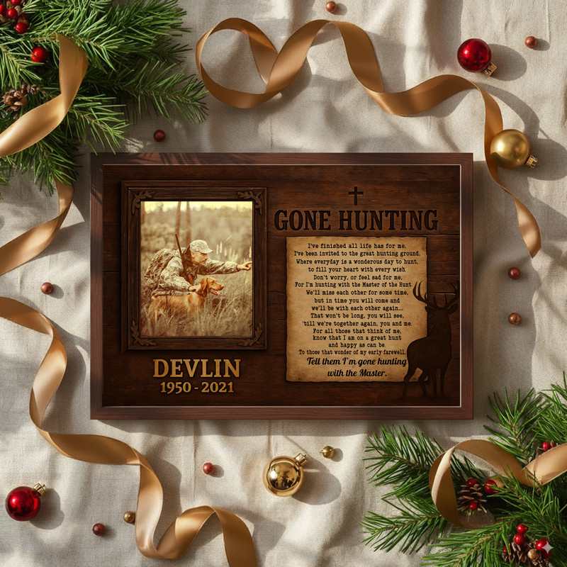 Remembrance canvas wall art for hunters, rustic wood-look design, personalized with name and dates; comforting sympathy decor