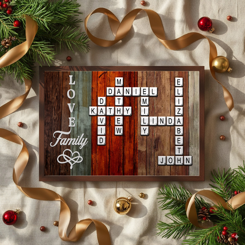 Scrabble family name canvas wall art, rustic wood grain backdrop and frame edge, personalized crossword names for living room