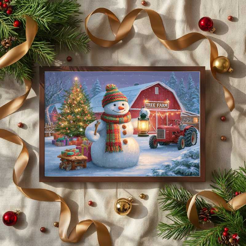 Snowman at the tree farm canvas wall art in vintage watercolor look, red barn and firs under snow, hallway holiday decor