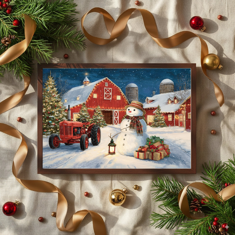 Snowy farmyard Christmas canvas wall art showcasing farmhouse path, glowing lantern, and string lights for hallway decor. Snowy farmyard Christmas canvas wall art showcasing farmhouse path, glowing lantern, and string lights for hallway decor.