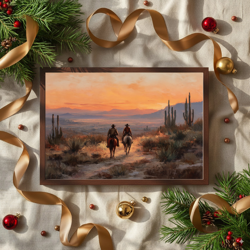 Southwestern cowboys canvas wall art, impressionist oil painting with dust trails by windmill and corral, landscape format