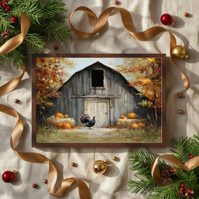 Rustic Thanksgiving barn canvas wall art showing turkey crossing barnyard beside rough timber, classic farmhouse style
