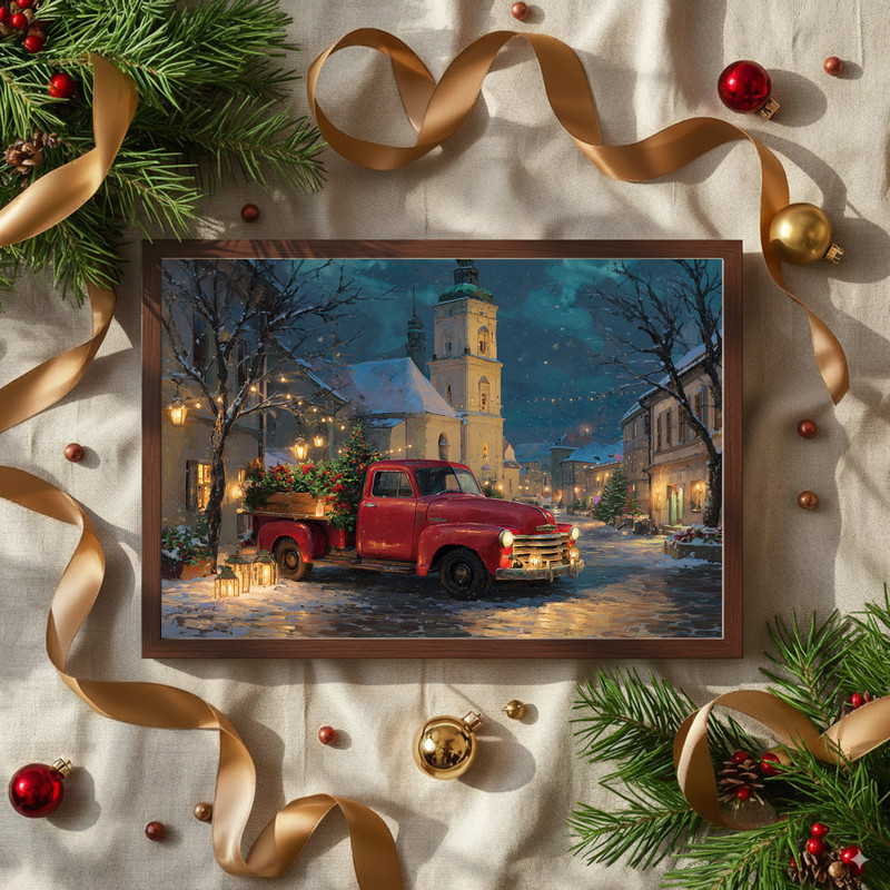 Vintage red truck Christmas city canvas wall art with tree, festive stalls and streetlamps, charming entryway holiday decor