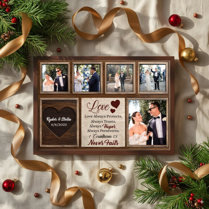 Wedding photo collage with Bible verse canvas wall art, portrait layout, modern design with verse overlay, personalized
