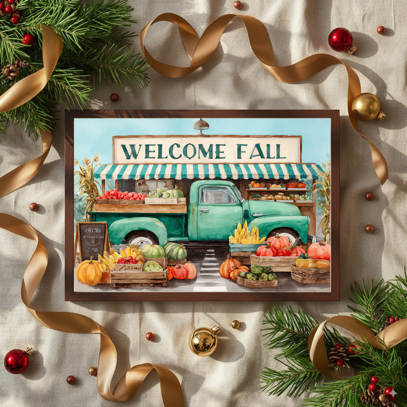 Thanksgiving market green truck canvas wall art with plaid blanket, crates of gourds, farmhouse style for entry hall display