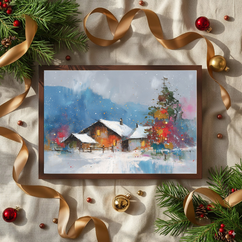 Winter wonderland cottage canvas wall art in watercolor, perfect for hallway decor, rustic cabin amid snow and evergreens.