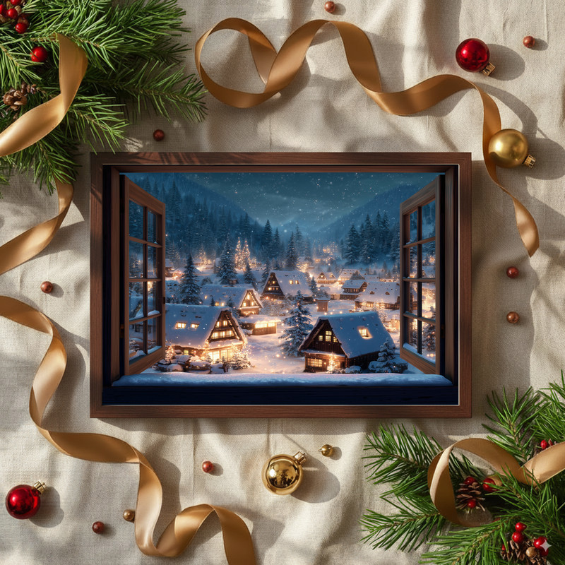 Winter wonderland canvas wall art showing a snowy village through window panes, warm lights and pine trees for hallway