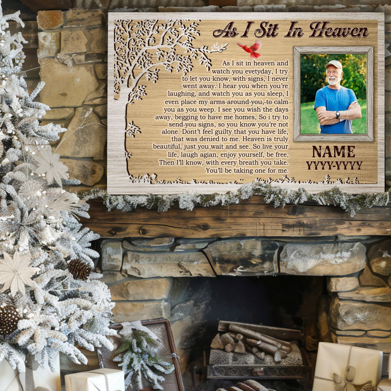 As I Sit In Heaven poem canvas wall art featuring personalized photo, name and years, subtle butterflies for remembrance