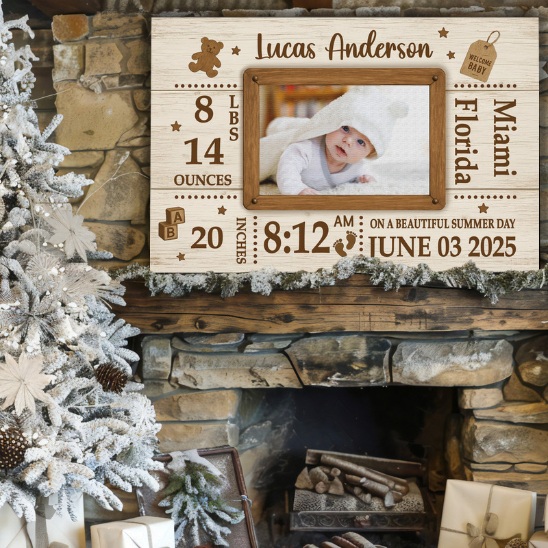 Newborn milestone canvas wall art for farmhouse nursery, personalized baby photo with birth details, makes a sweet keepsake