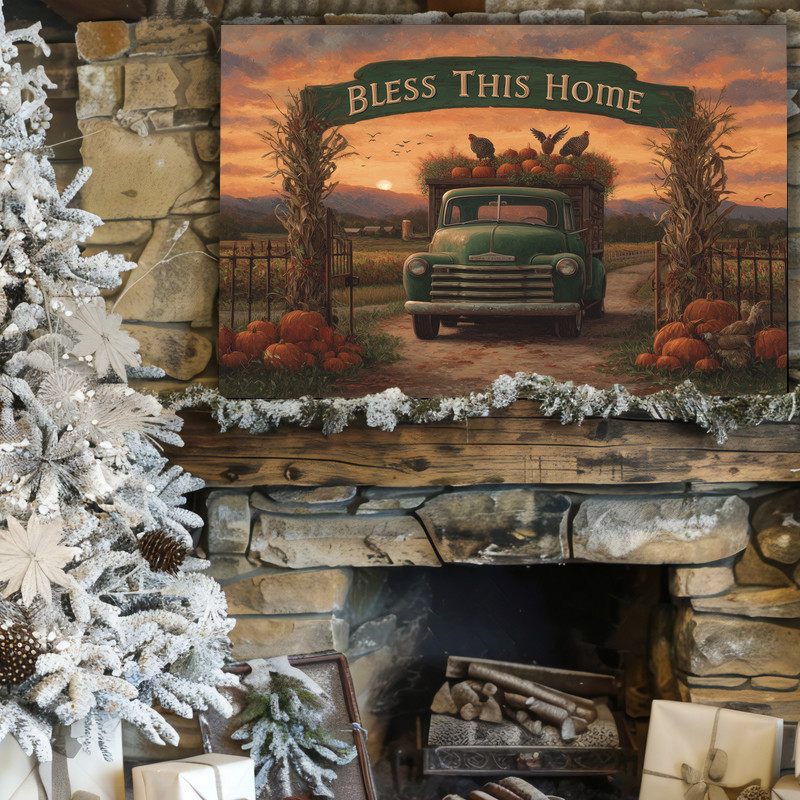 Bless This Home green truck farmhouse gate canvas wall art, rustic country entryway accent featuring a vintage pickup