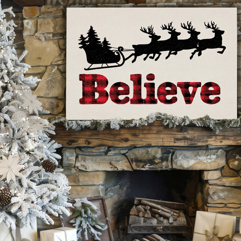 Buffalo plaid Santa sleigh silhouette Christmas canvas wall art with Believe text, rustic farmhouse entryway or hallway decor Buffalo plaid Santa sleigh silhouette Christmas canvas wall art with Believe text, rustic farmhouse entryway or hallway decor