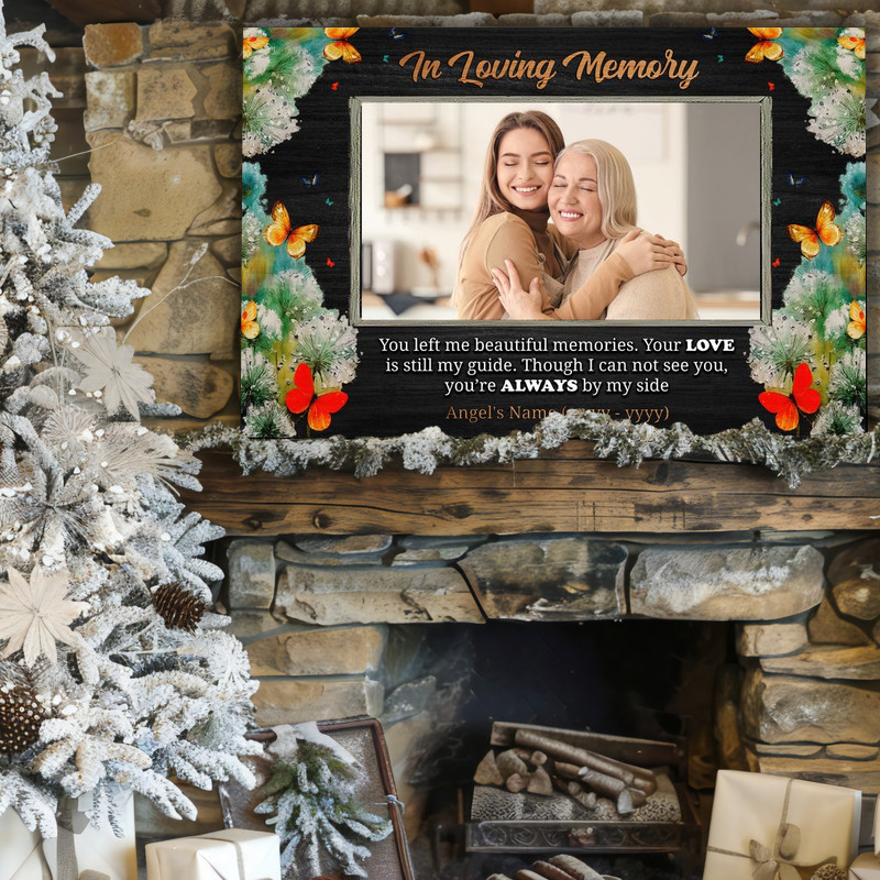 Butterfly memorial custom canvas wall art and photo frame, personalized with name and dates, tribute for home display
