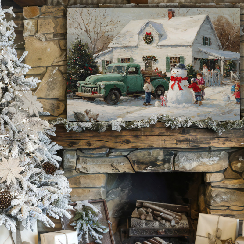Snowy village scene with green truck Christmas canvas wall art, warm lights on fresh snow, ideal hallway wall decor