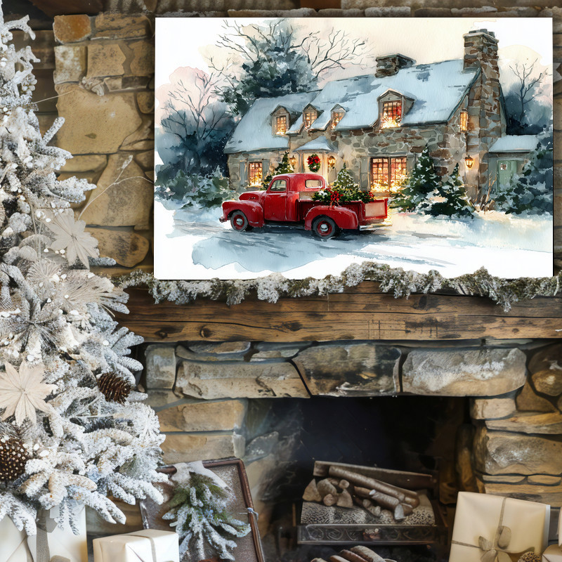 Christmas barn with red truck canvas wall art, starry night snow scene, rustic accent for entryway wall during the holidays.