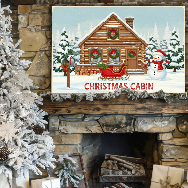 Rustic winter cabin canvas wall art, twinkling lights and fresh snowfall create a welcoming entryway or hallway accent