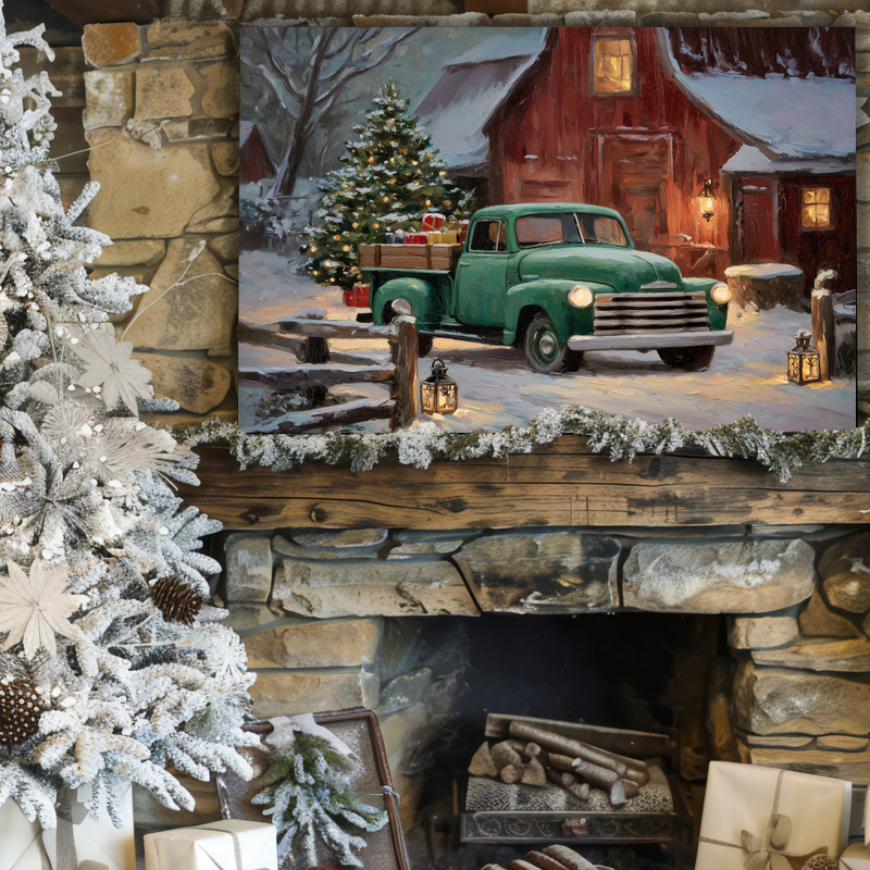 Christmas farmhouse green truck canvas wall art for entryway, vintage holiday pickup with pine accents and cozy charm