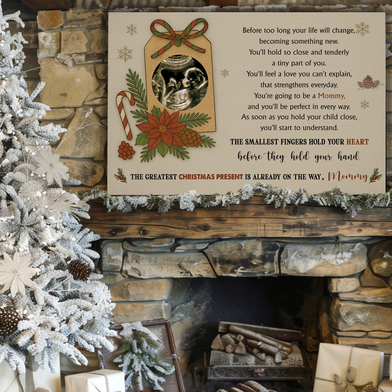 Christmas pregnancy announcement canvas wall art, custom ultrasound photo with holly and berries, heartfelt gift for mommy