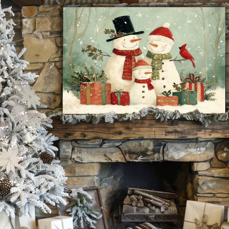 Christmas snowman family in forest canvas wall art, textured finish and classic look to complement hallway holiday decor