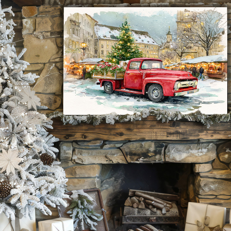 Cozy farmhouse porch canvas wall art, vintage red pickup by lantern for holiday entryway decor in warm rustic style