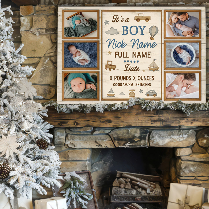 Newborn boy photo collage canvas, personalized with photos, name, and birth date in rustic farmhouse, gift for new parents