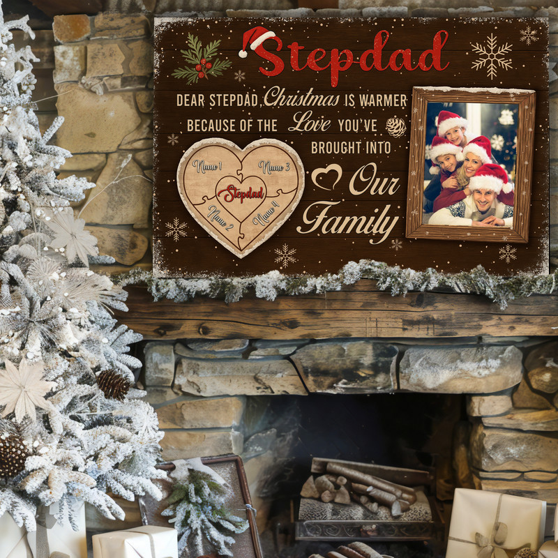 Christmas puzzle photo canvas with festive red and green accents, personalized with kids' names and photo, gift for stepdad
