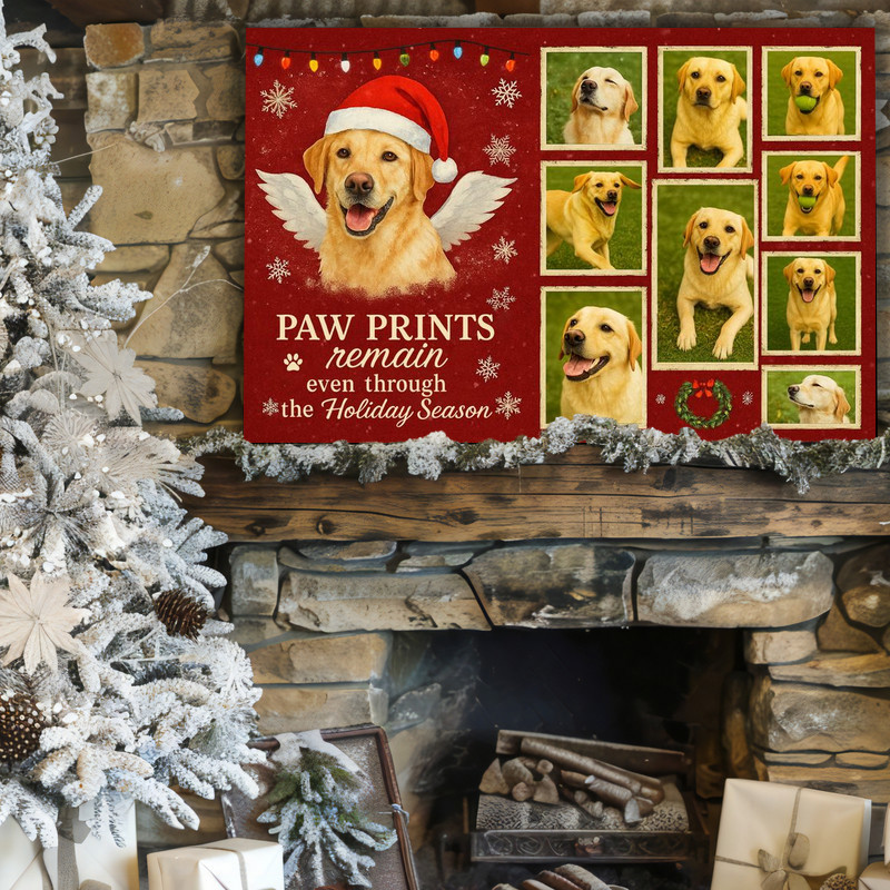 Dog memorial canvas wall art for Christmas, custom photo collage design with personalized name, a warm tribute for pet loss