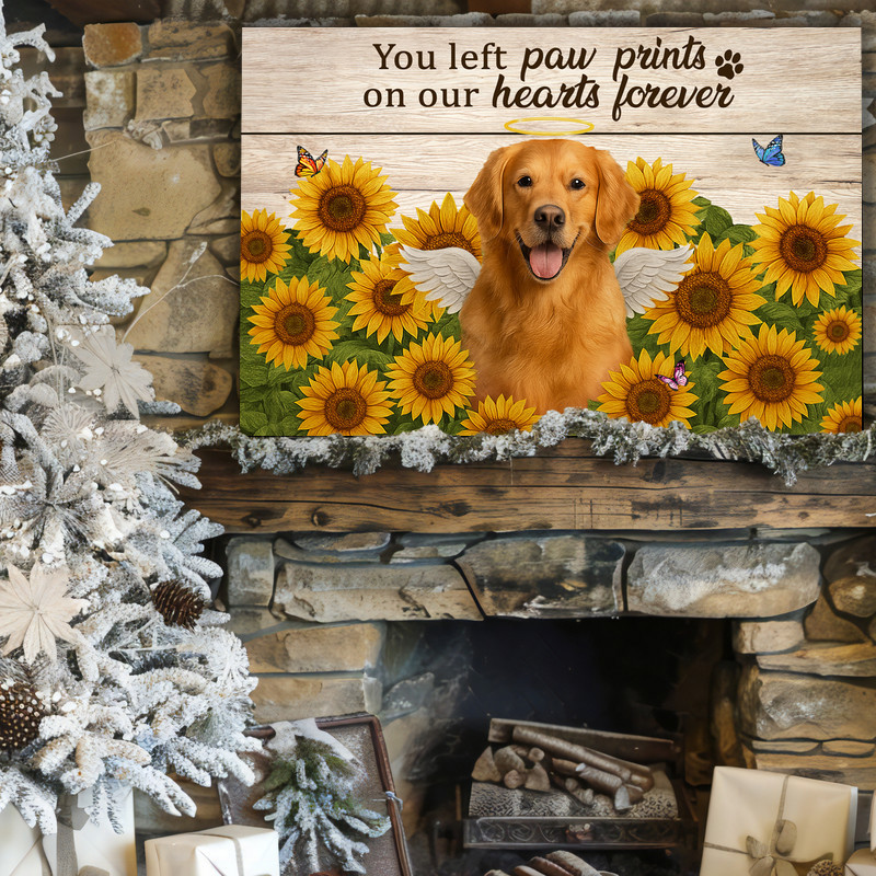 Dog memorial portrait canvas, square format with rustic wood plank background and sunflowers, personalized pet name and dates for owners