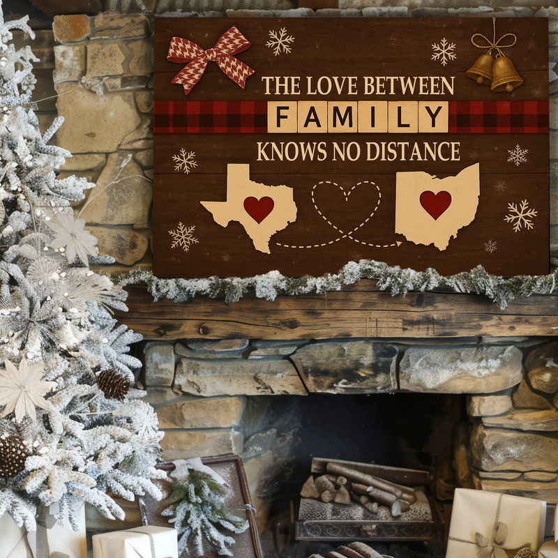 Custom family Christmas wall art, reclaimed wood style canvas with personalized family name and cities, living room decor