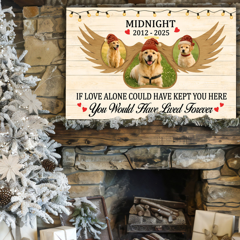Farmhouse Christmas pet remembrance canvas wall art, personalized with pet name, condolence decor for living room