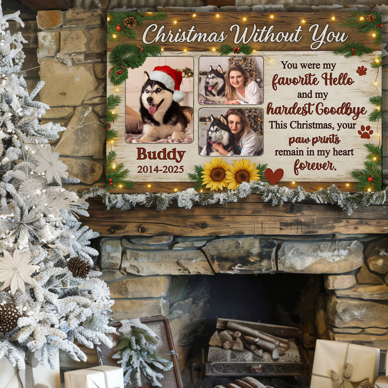Farmhouse dog memorial photo collage canvas wall art with rainbow bridge quote, personalized name Christmas bereavement gift