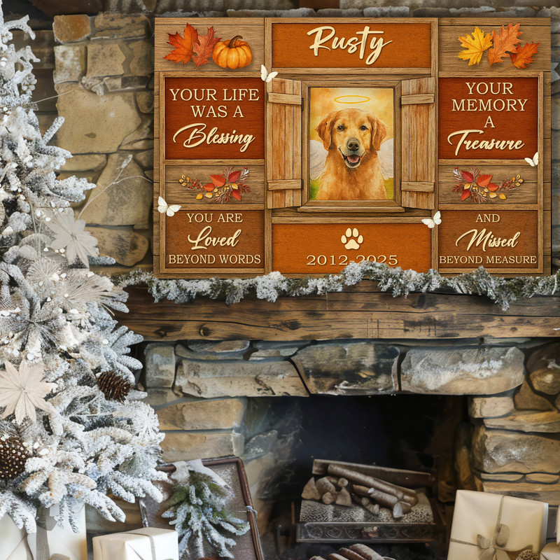 Farmhouse fall dog memorial canvas wall art with In Loving Memory script, autumn foliage, personalized pet name and dates