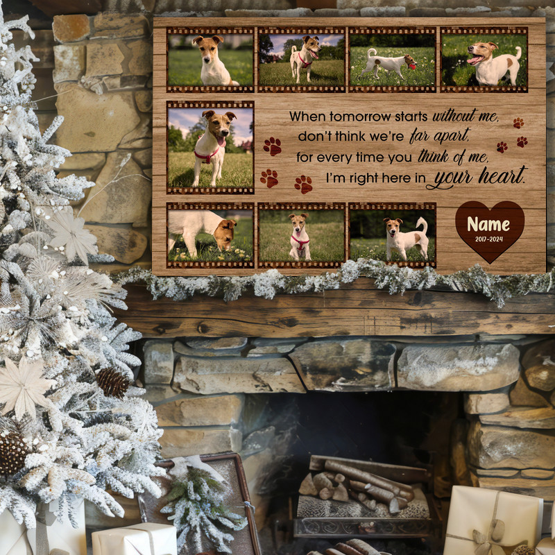 Farmhouse pet memorial canvas wall art, custom dog photo collage framed as film strip, light canvas background and clean layout