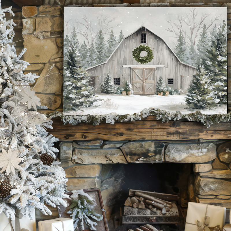 Farmhouse winter charm canvas wall art highlighting a cozy holiday barn, textures and muted tones for modern farmhouse entry