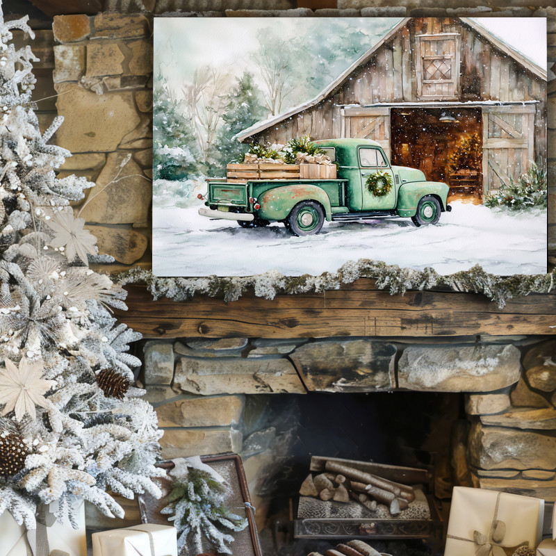 Festive green pickup at rustic barn with Christmas tree canvas wall art, muted greens and reds for cozy farmhouse entryway Festive green pickup at rustic barn with Christmas tree canvas wall art, muted greens and reds for cozy farmhouse entryway