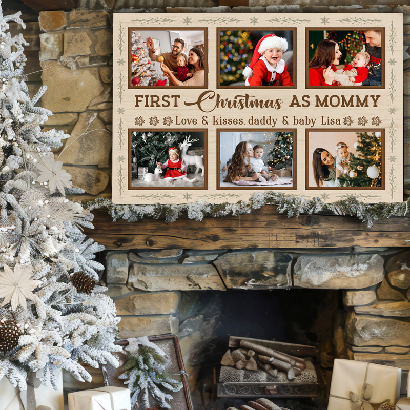 First Christmas as Mommy canvas art, pastel snowflakes, square collage personalized with baby’s name and birth year, nursery