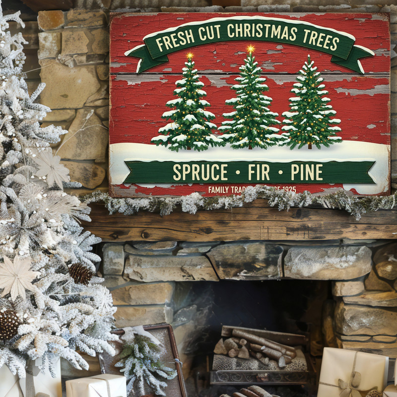 Fresh Cut Christmas Trees canvas wall art for hallway decor, rustic farmhouse holiday accent with bold lettering and pine details