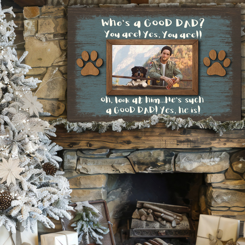 Funny Dog Dad photo frame canvas with reclaimed wood look, custom pet photo and name, rustic wall decor for home office