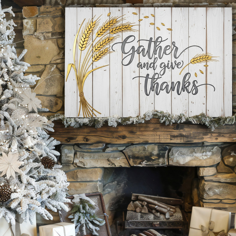Thanksgiving canvas wall art, rustic wood style with 'Gather and Give Thanks' script, hostess gift for Thanksgiving dinner