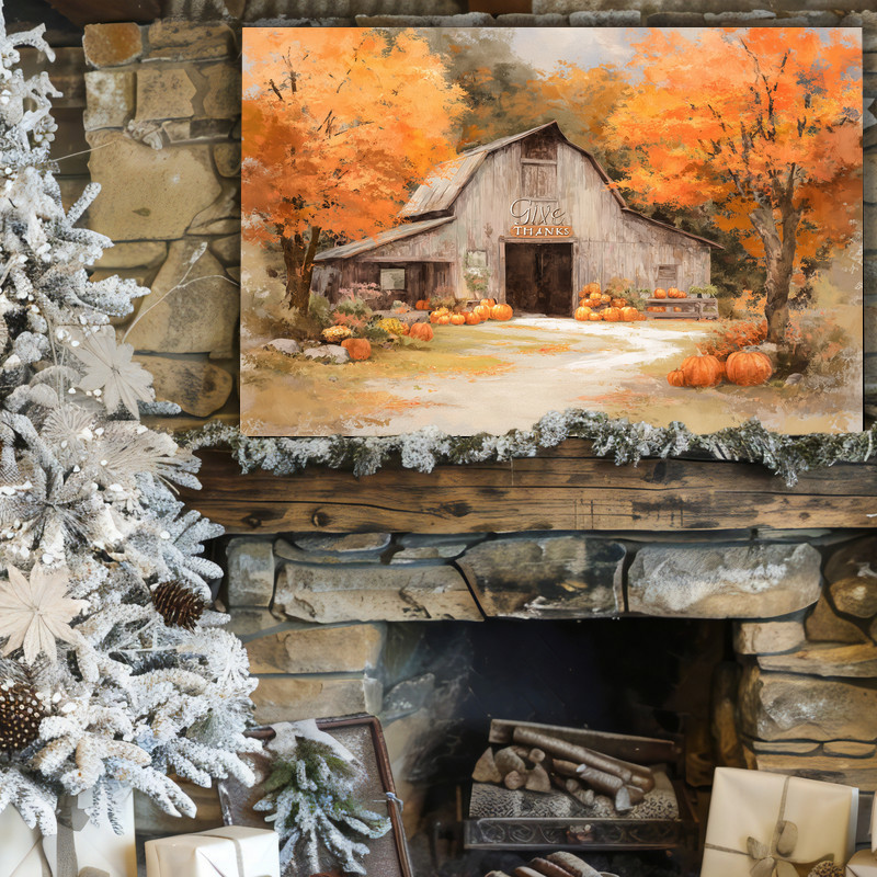 Thanksgiving barn scene canvas wall art, distressed barn textures with pumpkins, warm harvest tones for foyer decor