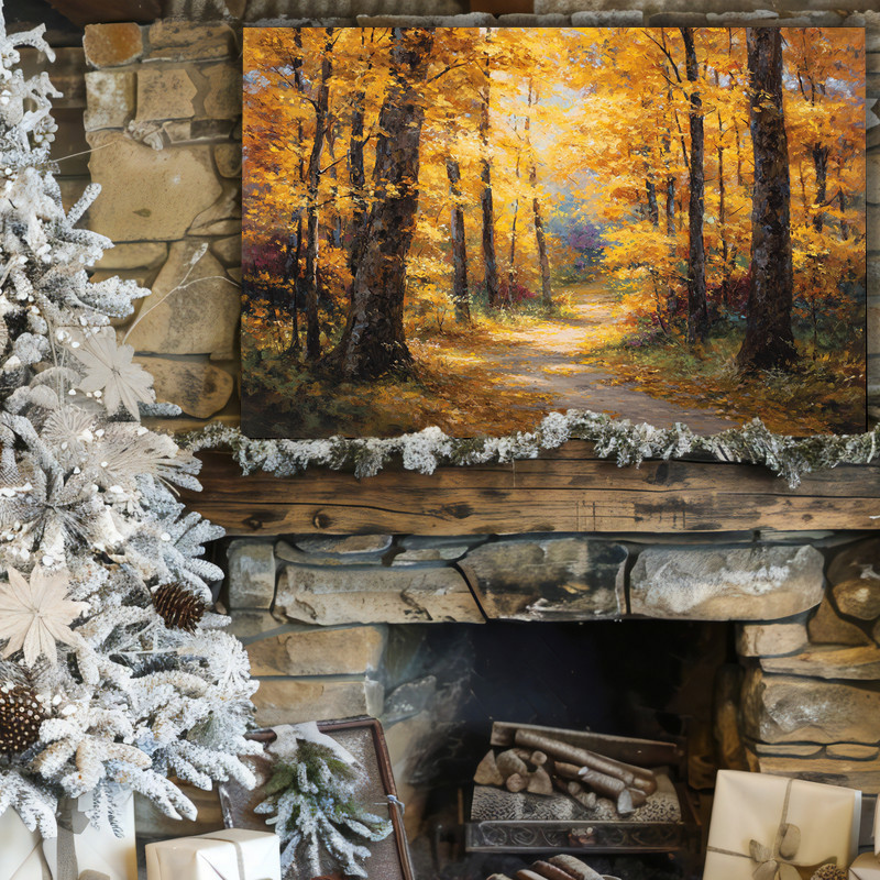 Golden autumn forest path canvas wall art, square format with rustic fall colors and tree-lined walkway for hallway decor