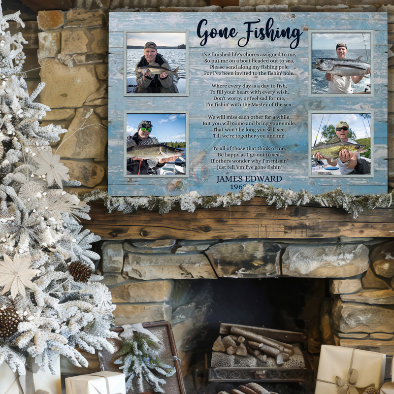 Gone Fishing memorial collage canvas wall art with fishing-themed design, custom photos, name, dates and a heartfelt quote