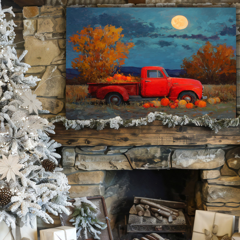 Harvest Moon red truck evening oil painting canvas wall art, vintage pickup beneath harvest sky, warm accent for entry hall