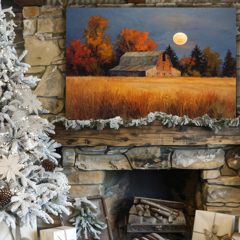 Thanksgiving farmhouse canvas wall art for entryway, classic barn at harvest time with rich fall colors and rustic charm
